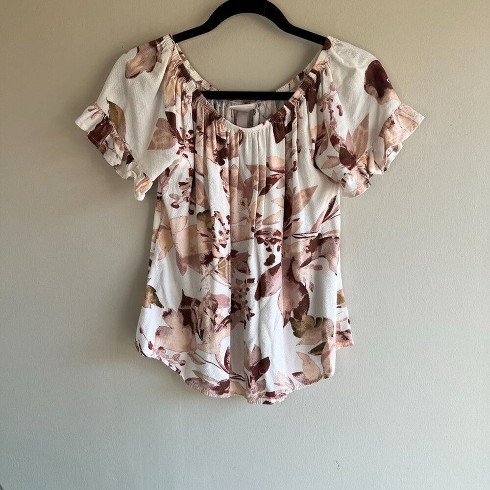 Knox Rose Pink Floral blouse Ruffle arm hem Size Small